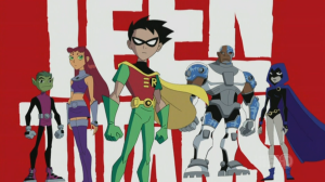 Raven ( Purple hooded girl ) Beast Boy ( The green guy ) Cyborg ( The big robot thing  ) Robin ( Kid with R on his suit ) and Starfire ( The girl with red hair)